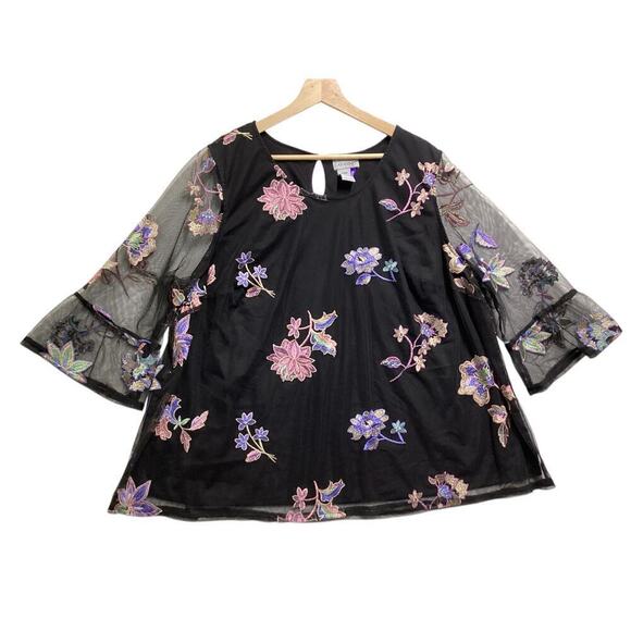 Catherine’s Floral Embroidered Mesh Overlay Top Blouse Sz 1XP Black - Picture 2 of 5